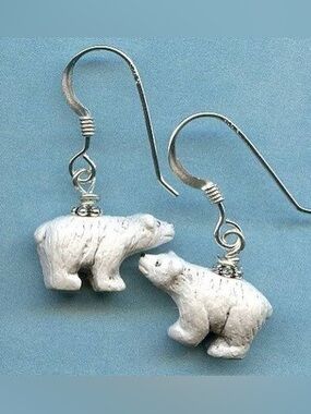 Hand-Carved Bear Drop Earrings in Cream with Silver Hooks